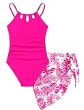 KANGKANG Girls Swimsuit, Teen Swimsuits for Girls 12-14 Quick Dry Cut Out One Piece Bathing Suit with Tropical Print Cover Up Skirt Swimwear Set Hot Pink