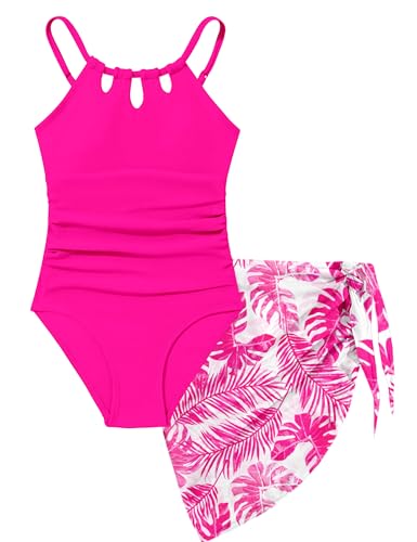 Image of KANGKANG Girls Swimsuit Quick Dry Cut Out One Piece Swimsuits with Tropical Print Cover Up Skirt Bathing Suit Swimwear 7-18Y