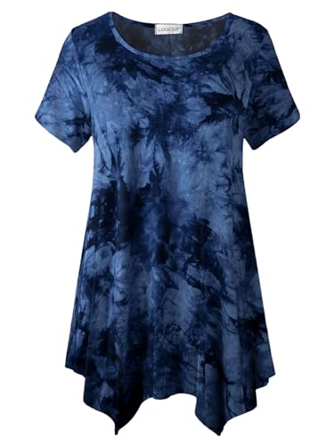 LARACE Tie Dye Shirt Womens Summer Tops Plus Size Short Sleeve Tunic for Leggings Casual Handkercheif T-shirts(T09-DarkBlue 2X)