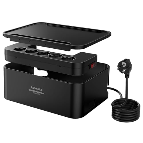 Regleta de Enchufes con Caja de Almacenamiento - 5 Tomas CA + 3 Puertos USB (15,5W) con Interruptor, Cable de 2m, Solución Ideal para Hogar y Oficina