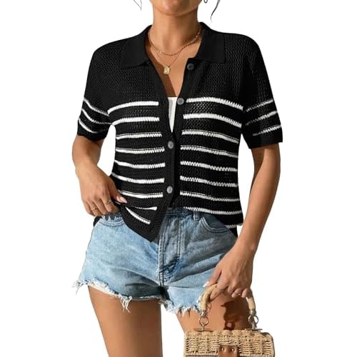 AKEWEI Womens Spring Summer Cardigans Collared Short Sleeve Sweater Shirts Crochet Beach Cover Up Tops Black White Stripe Large