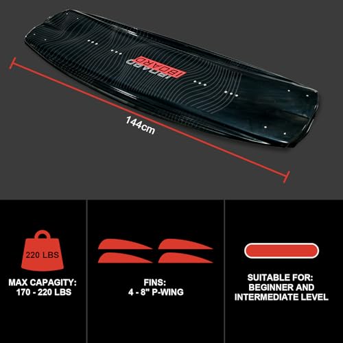 iBOARD Wakeboard 144 cm Professional Wakeboards with Fins Perfect for Beginners to Advanced Riders - 3 Layer Glass Fiber Core Reinforced Sliding Speed&Stability