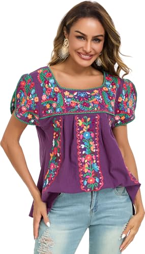 Mexican Shirts for Women Purple Embroidered Tops Traditional Peasant Summer