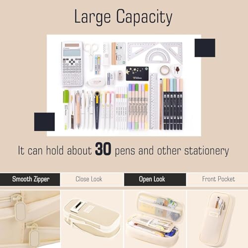 Image of Mrsdry Nylon Large Capacity Pencil Pouch, Durable Storage Multiple Compartment Double Zipper Portable Capacity Pencil Box for Kids College Student Teen, 22X11Cm (Beige)