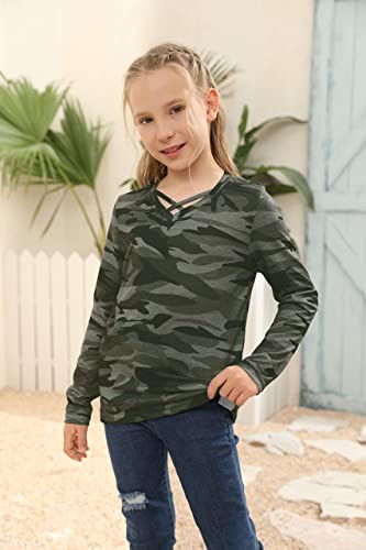 Image of Girls Camouflage Stripe Short Sleeve Shirts V Neck Criss Cross Tees Sweat Kids Casual Sport Tops Blouse(4-15T)