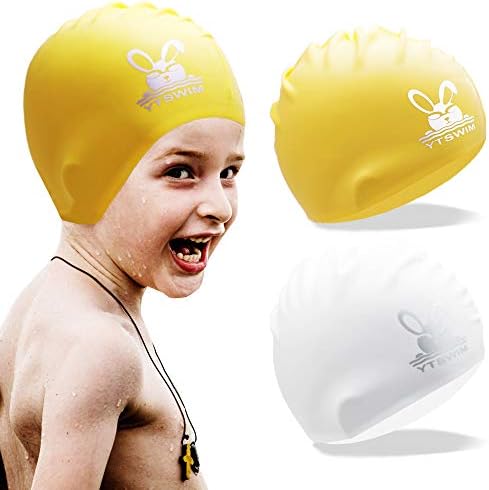 YTSWIM 2 Packs Yellow&White Swimming Caps for Kids, Large Baby Swim Caps, Waterproof Toddler Swim Hat, 3D Ergonomic Design Fit for Girls, Boys Age 2-8