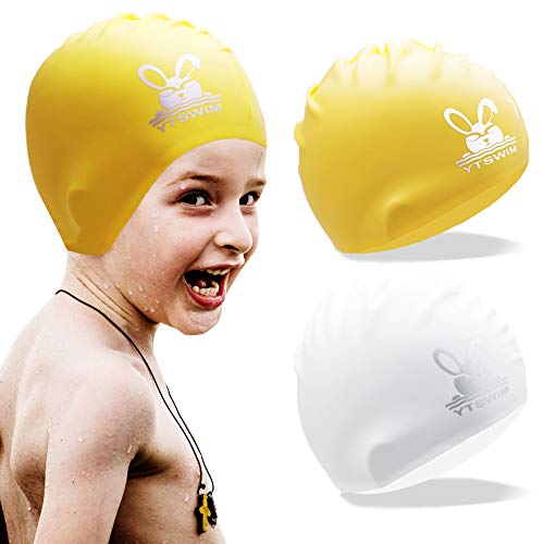 Ytswim 2 Packs Yellow&White Swimming Caps For Kids, Large Baby Swim Caps, Waterproof Toddler Swim Hat, 3D Ergonomic Design Fit For Girls, Boys Age 2-8 #TOP30
