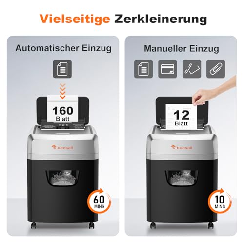 Bonsaii Aktenvernichter mit Automatik-Zuführ für 160 Blätter, P-4 Kreuzschnitt, 60 Min Dauerbetrieb, 23 Liter Abwurfbox, für den Bürogebrauch C290-A