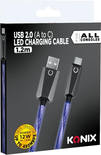 Konix Cable USB 2.0 Tipo A a Tipo C PS5, Switch 2 y Xbox Series X|S - Carga rápida hasta 12 vatios - Longitud 1,2 m - Iluminación LED azul