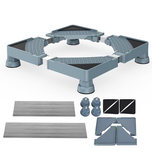 Fridge Stand 19.7”-35.4” Adjustable Refrigerator Stand with 4 Strong Feet Washer and Dryer Stand Heavy Duty Washing Machine Pedestal Fridge Platform (Grey)