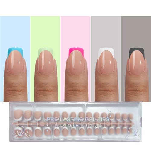 Jsiallye French Tip Press On Nails, 150Pcs Press On Nails Short Square, French Soft Gel Nail Tips, Pre-shaped No Need to File 3 in 1 Tips, Fake Nails for Nail Art DIY Designs 15 Sizes