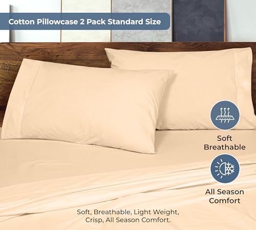 Image of ROYALE LINENS 100% Organic Cotton Percale Pillowcases Set of 2 - Standard Size Percale Pillowcase - Standard Set of 2 Pillow Cover - Breathable, Cool & Crisp Pillow Cases (20 inchx26 inch, Sand)