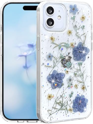 Coque iPhone 12 / 12 Pro à paillettes et fleurs séchées pressées en silicone