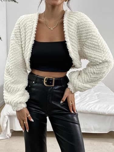 Verdusa Women's Fuzzy Crop Cardigan Long Sleeve Open Front Flannel Shrug Bolero3