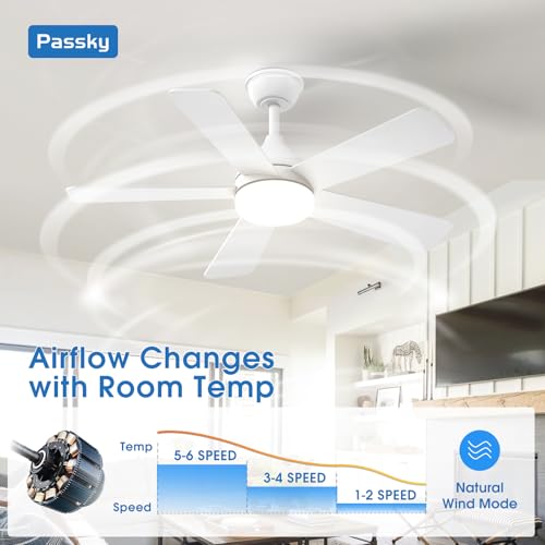 Image of Passky Ceiling Fans with Lights, 42 inch Sleek Ceiling Fan with Light and Remote Control, 3CCT, Dimmable, Reversible, Noiseless, White Ceiling Fan for Bedroom, Living Room