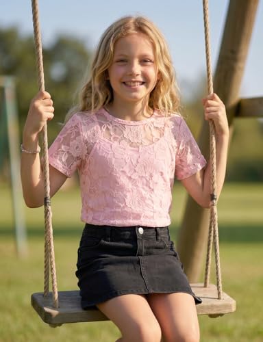 Image of Noomelfish Girls Lace Short Sleeve Layering Tops Sheer Mesh Tee Shirts Blouse (5-12 Years)