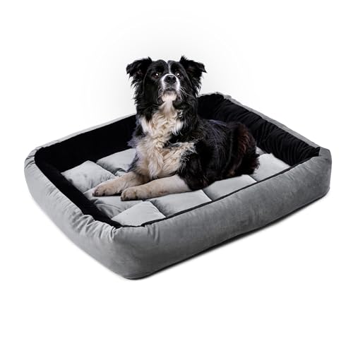 Image of Reversible Rectangle Dog Bed | Medium 60 X 75 Cm Pet Bed for Dogs and Cats | Premium Velvet, Washable Fabric | Soft Sofa-Style Bed for Dog with Thick 15 Cm Insert | Black & Grey