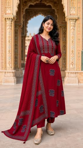 Image of Women's Cotton Kurta Sets for Women with Palazzo Pants with Dupatta for Woman | Pure Cotton 3 Piece Kurti Set | Women Suit Set for Daily