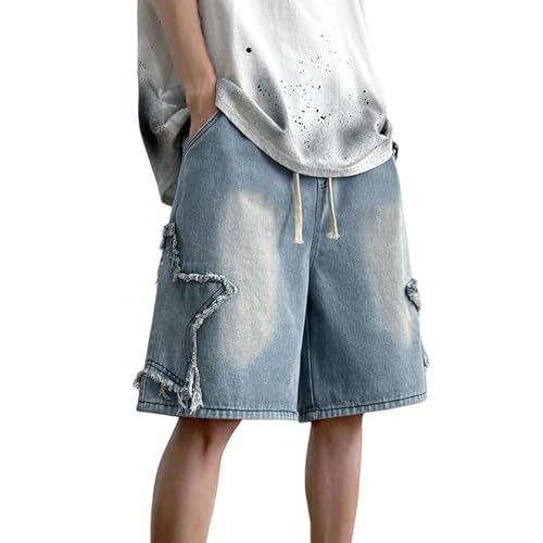 Image of FYHTC Y2k Star Jorts for Women and Men- Unisex Wash Baggy Jorts Jean Shorts Mid Thigh Denim Shorts, Casual Streetwear(Color:Blue,Size:X-Large)