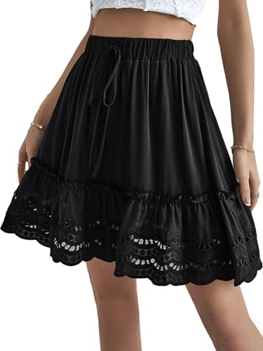 LYANER Women's Elastic Waist Self Tie Pullover Scallop Hem Pleated Casual Mini Skirt