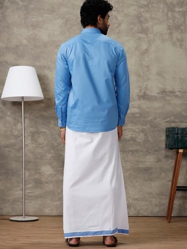 Image of RAMRAJ COTTON Men Full Sleeve Solid Shirt With Matching Border Dhoti|Ideal For Weddings And Occasion