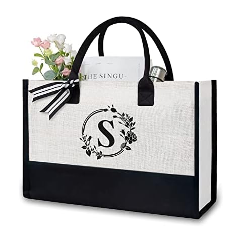 TOPDesign Initial Jute/Canvas Tote Bag, Personalized Present Bag, Suitable for Wedding, Birthday, Beach, Holiday, is a Great Gift for Women, Mom, Teachers, Friends, Bridesmaids (Letter S) Cover