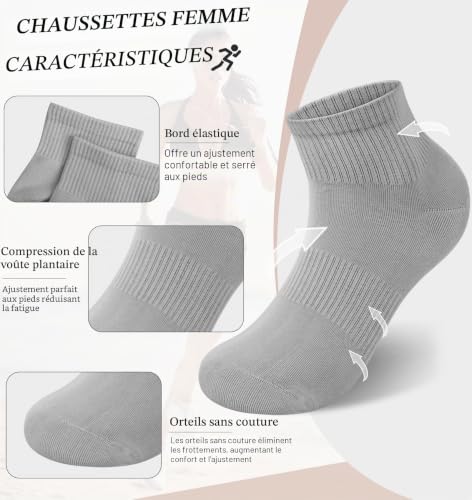 Tialfas Lot de 10 paires de chaussettes de sport pour femme - En coton - Courtes - Chaussettes fines - Confortables - Pour filles et femmes, Gris/noir/blanc., L – vue 2