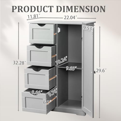 Image of Vasitelan Bathroom Wooden Floor Cabinet, Side Storage Organizer with 4 Drawers and 1 Cupboard, Freestanding Entryway Storage Unit Console Table,22 inch W x 11.8 inch D x 31.5 inch H (Gray)