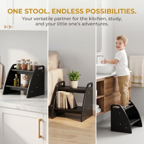 Image of Bamboo 2 Step Stool 300lbs Capacity, Wooden Two Step Stool with Non-Slip Handles, Heavy Duty Stepping Stool for Bedside High Beds Adults, Sturdy Small Bathroom Kitchen Black Step Stool