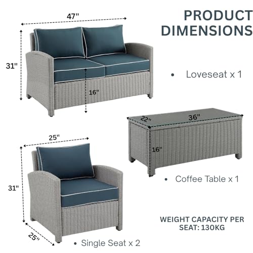 Image of DEVOKO 4 Pcs Patio Wicker Furniture 4 Seater Set Center Table Silver Rattan Chairs And Navy Blue Cushions Outdoor Furniture For Backyard,Garden,Blacony