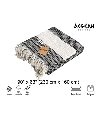 Aegean Concept - 100% Organic Cotton Turkish Throw Blanket ; 90" X 63" (230 Cm X 160 Cm) Twin Size Modern Boho Rustic Bedspread For Chair, Bed Or Couch | Indoor Or Outdoor Cozy Hand Woven-Black #TOP2