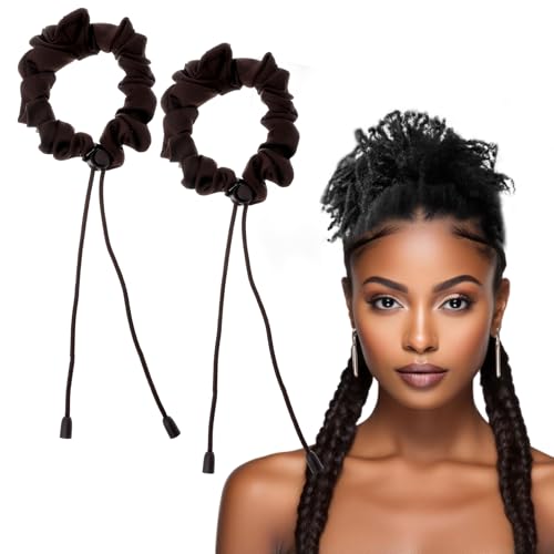 2PCS Adjustable Satin Hair Ties, Large Hair Scrunchies for Braids Thick Hairs, Thick Curly Hairstyle Accessories Afro Puffs Ponytails Locs Pineapples (Brown)
