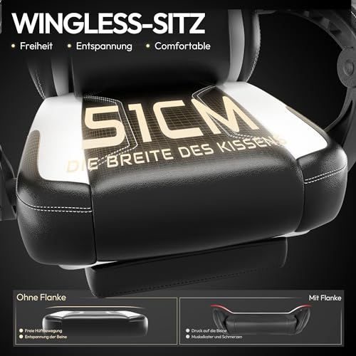 Sedia da gaming, PC, ufficio e videogiochi, ergonomica, dotata di supporto lombare, in pelle sintetica PU, schienale largo, 150 kg, bianco - Sedia gaming - Immagine 4