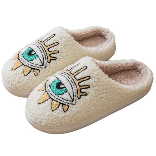 Image of Womens Mens House Slippers Retro Comfy Warm Plush Slip on Fluffy Memory Foam Home Sippers for Winter Indoor Outdoor