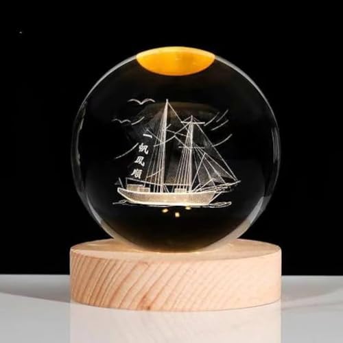 Image of 3D Ship Crystal Ball Night Lamp, Solar System Ship Crystal Ball Night Light, USB Table Colorful Led Wooden Crystel Ball for Home, Office, Birthday Gift (Ship)