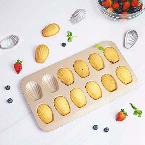 Pasuihcay 12Cup Shell Shaped Nonstick Madeleine Pan Carbon Steel Mold Baking Mould Tools, Gold