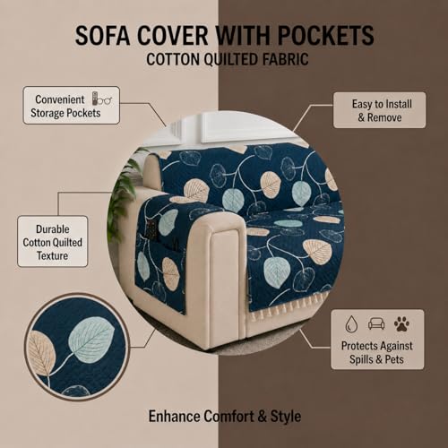Image of STITCHNEST 'Frostvine Collection' 2 Seater Sofa Cover | Full Coverage with Armrest Pockets | Cotton Quilted Fabric, Decorative Tassels, Washable & Durable for Modern Living
