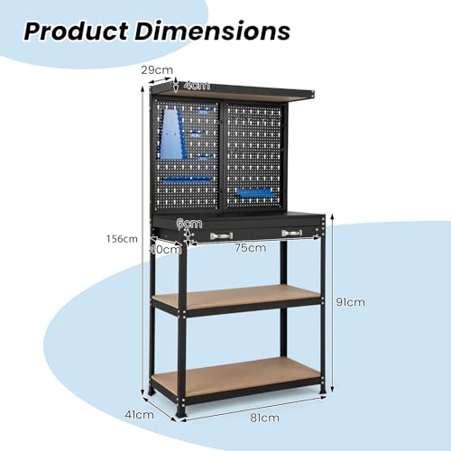 COSTWAY Workbench with Pegboard, Metal Garage Work Bench with 13 Hanging Accessories & Drawer, Heavy Duty Tool Storage Workstation Unit for Workshop Warehouse, 81x41x156cm, 290kg Capacity (Blue+Black) 6 COSTWAY Workbench with Pegboard, Metal Garage Work Bench with 13 Hanging Accessories & Drawer, Heavy Duty Tool Storage Workstation Unit for Workshop Warehouse, 81x41x156cm, 290kg Capacity (Blue+Black) - Image 6