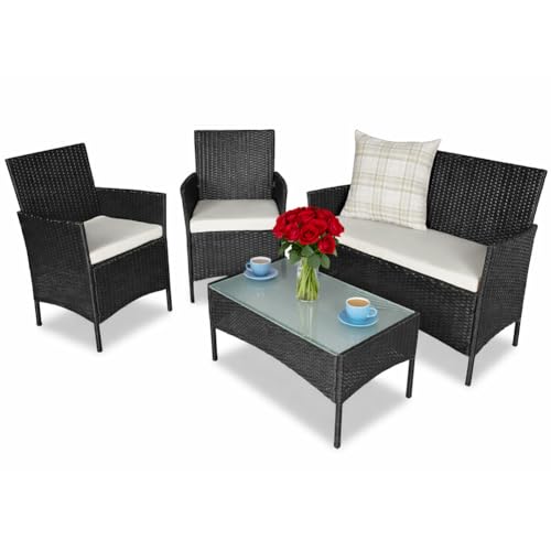 BAKAJI Set Salotto Completo di Divano 2 Poltrone e Tavolino in Vetro e Rattan Struttura in Acciaio Zincato con Cuscini Sfoderabili Arredo Giardino Terrazzo Design Moderno Colore Nero