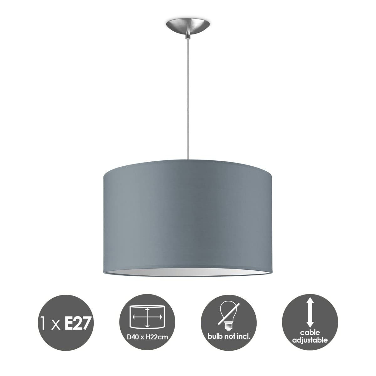 home sweet home collection Moderne Hängelampe Basic Bling | 40/40/100cm | hellgrau | Hängelampe aus Metall und Stoff | für E27 LED-Lampe | geeignet für Wohnzimmer, Schlafzimmer