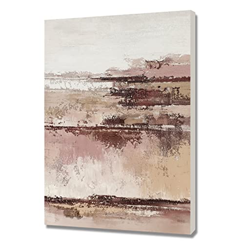 BATRENDY ARTS Ölgemälde mit abstrakter Landschaft, handbemalt, See und Moutain auf Leinwand, Wandkunst, rosa und weiß, rustikale Landschaft, Bild für Wohnzimmer, Schlafzimmer, Badezimmer Dekoration Cover