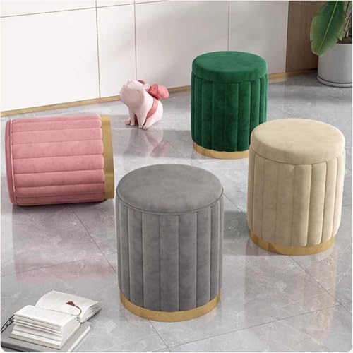 Image of Round Upholstered Velvet Ottoman Seating Stool with Gold Metal Base Multifunctional Makeup Vanity Chair Soft Compact Padded Foot Rest Stool for Living Room Bedroom Pink