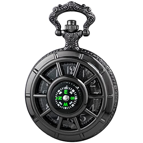 Whodoit Black Men's Hollow-Out Compass Quartz Pocket Watch, Rudder Hollow Arabic Digital Dial Quartz Pocket Watches With Chain For Men #TOP5
