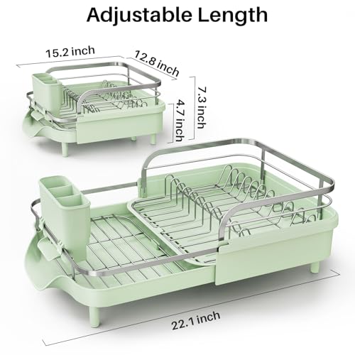 Image of SNTD Dish Drying Rack, Expandable Dish Rack for Kitchen Counter, Stainless Steel Dish Drainer with Drainboard Set and Utensil Holder (Green)