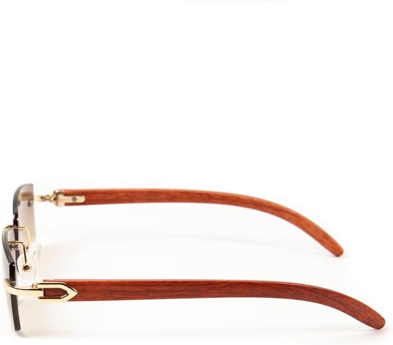 Men Women Rimless Gold Frame Stylish Brown Tinted Woodgrain Shades 90s Rectangle Cool Frameless Retro Trendy Hip Hop Old School Unisex Square Sunglasses