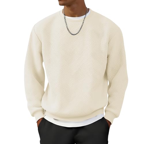 UOUA Men's Crewneck Sweatshirt Solid Color Waffle Pullover Casual Long Sleeve Shirt for Fall Winter,...