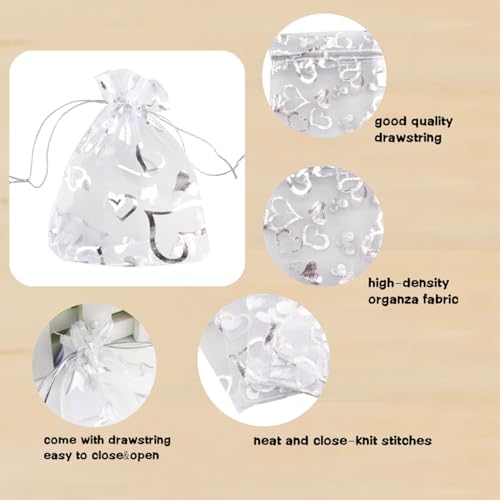 Image of 100 pcs 3.5 x 4.7 Inch Flower Heart Organza Jewelry Gift Pouch Candy Pouch Drawstring Wedding Favor Bags X92 (all white with white heart)