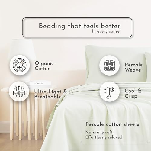 Image of Linen Closet 100% Organic Cotton Queen Sheets Set, 4 Pieces, Light Green - Percale Bed Sheets & Pillowcases Set - Up To 16 inch Deep Pocket Fitted Sheet - Cooling, Crisp & Breathable - For Hot Sleepers