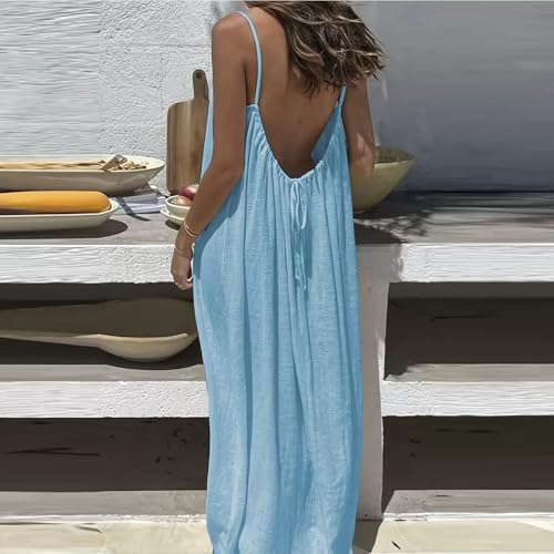 Image of HTHLVMD Backless Cami Dress Summer Dresses for Women 2026 Spaghetti Strap Dresses Womens Solid Color Backless Cami Dress