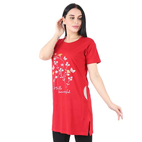 Image of Regular Loose Fit Cotton Round Neck Printed Half Sleeve T-Shirt, Night Sleep, Yoga, Lounge and Daily Use Gym Wear Long Tops and Tees for Women Ladies and Girls